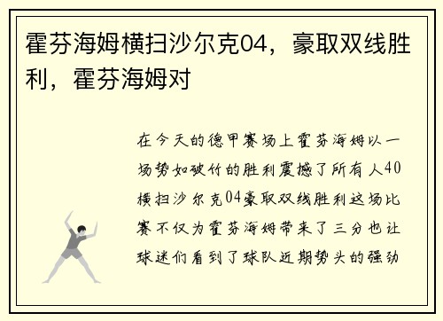 霍芬海姆横扫沙尔克04，豪取双线胜利，霍芬海姆对